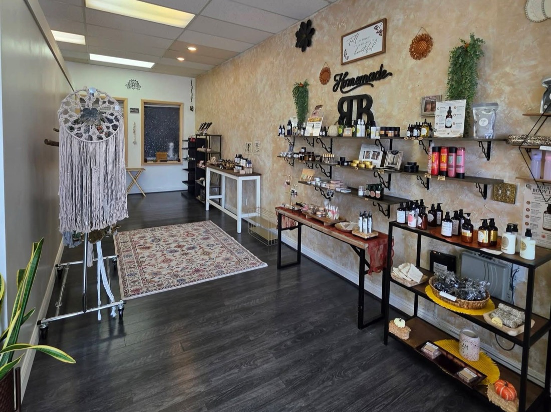 The Boss Beauty 'Homemade' product wall with shelves of lotions, oils and balms