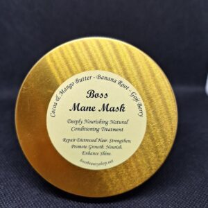 Gold jar of Boss Mane Mask hair treatment.