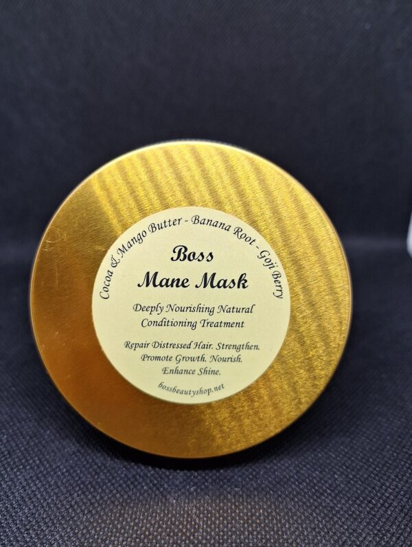 Gold jar of Boss Mane Mask hair treatment.