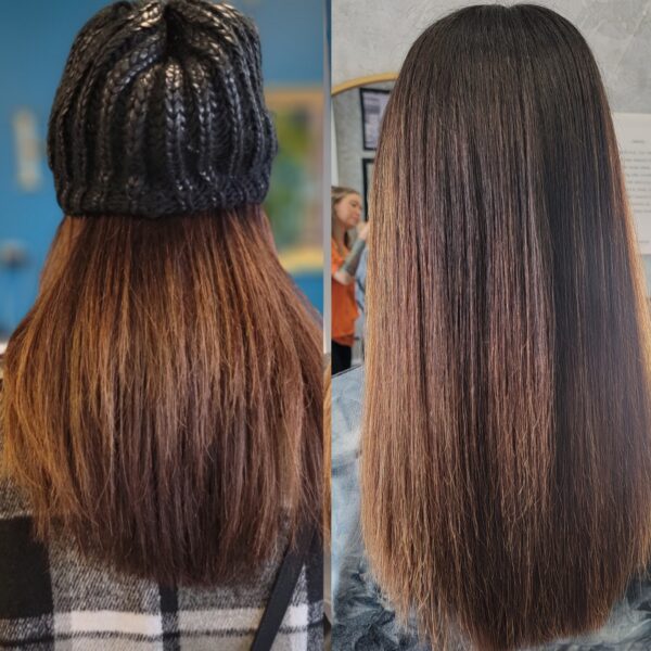 Before and after haircut with long brown hair.