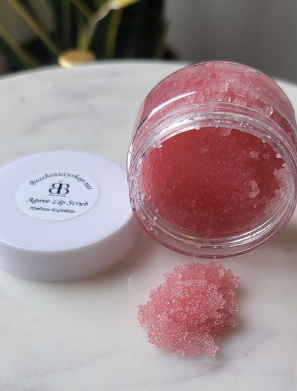 Pink agave lip scrub in a jar.