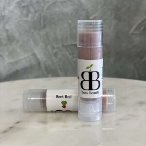 Beet red lip balm by Boss Beauty.