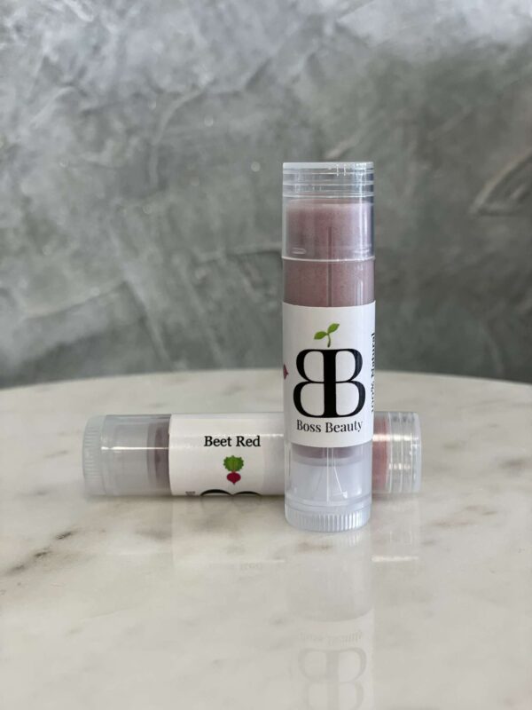 Beet red lip balm by Boss Beauty.