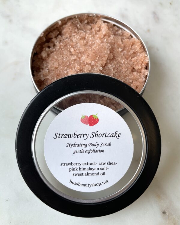 Strawberry Shortcake body scrub in a tin.