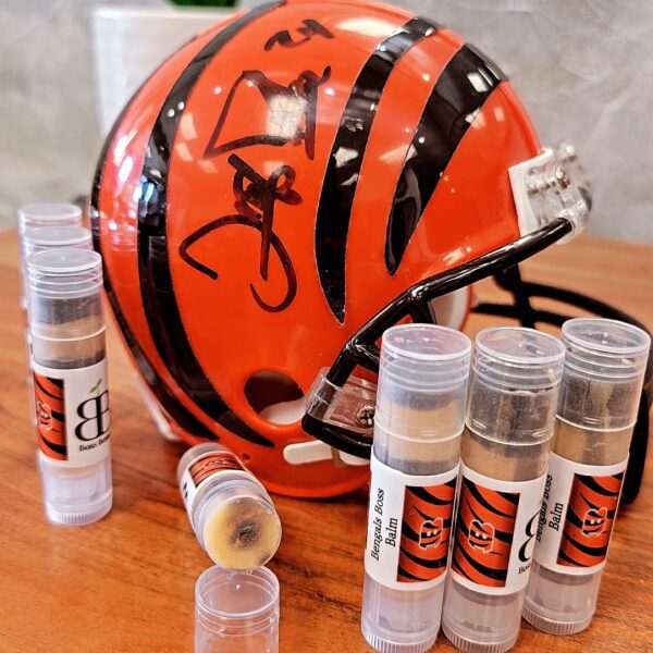 Bengals Boss Balm lip balm tubes.