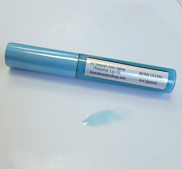 Blue lip gloss tube and sample.