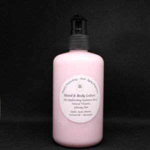 Pink bottle of hand and body lotion.