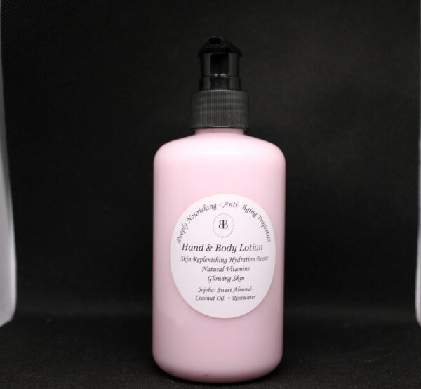 Pink bottle of hand and body lotion.