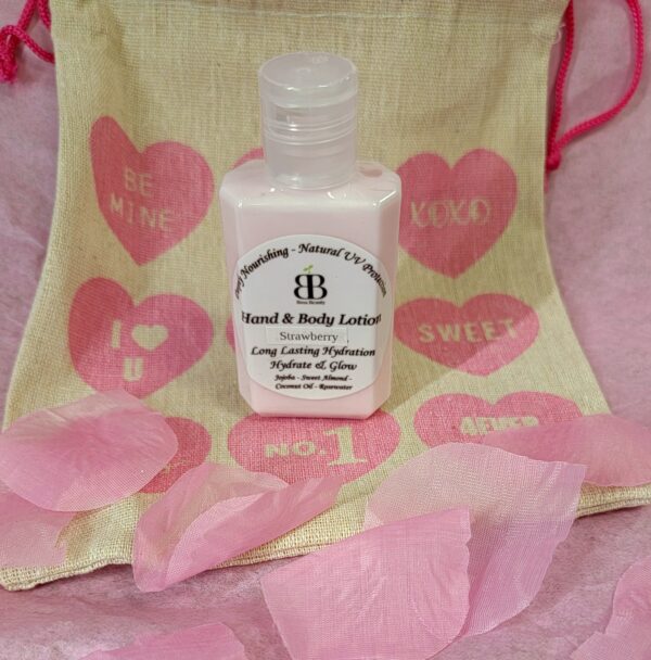 Strawberry hand and body lotion in bag.