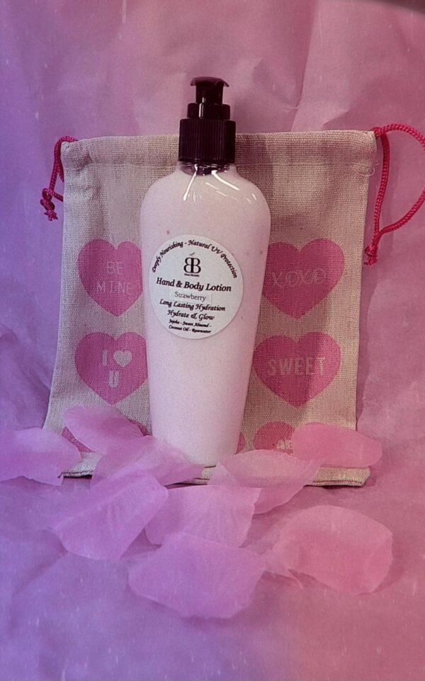 Strawberry hand and body lotion in bag.