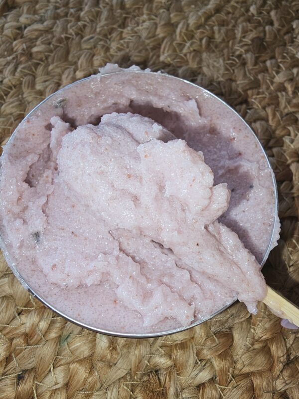 Pink sugar scrub in a bowl.