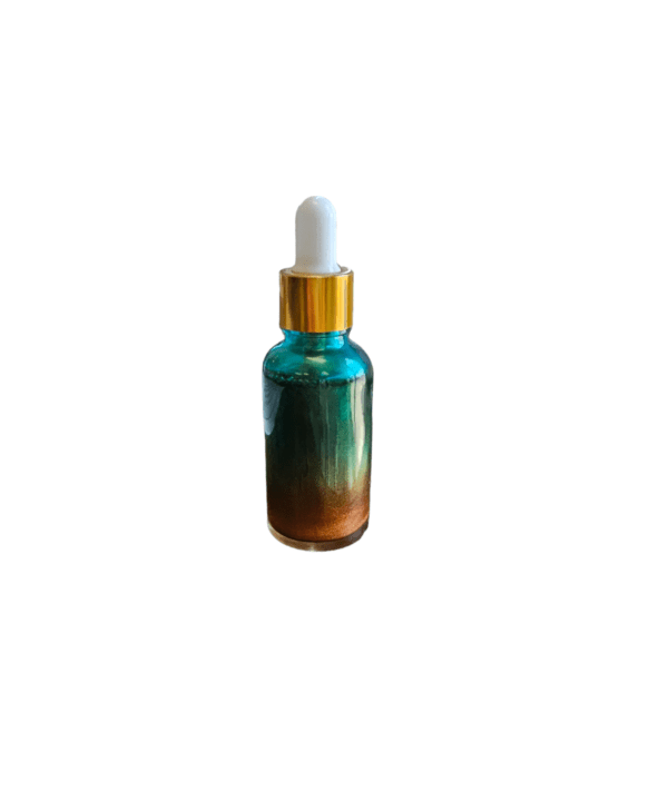 Teal and gold glass dropper bottle.