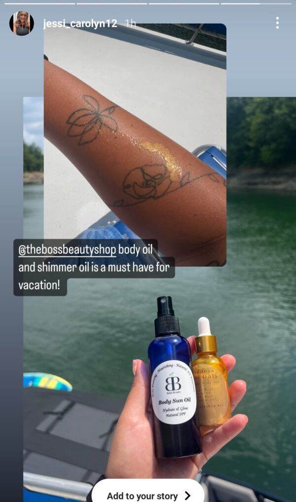 Body oil and shimmer for vacation glow.