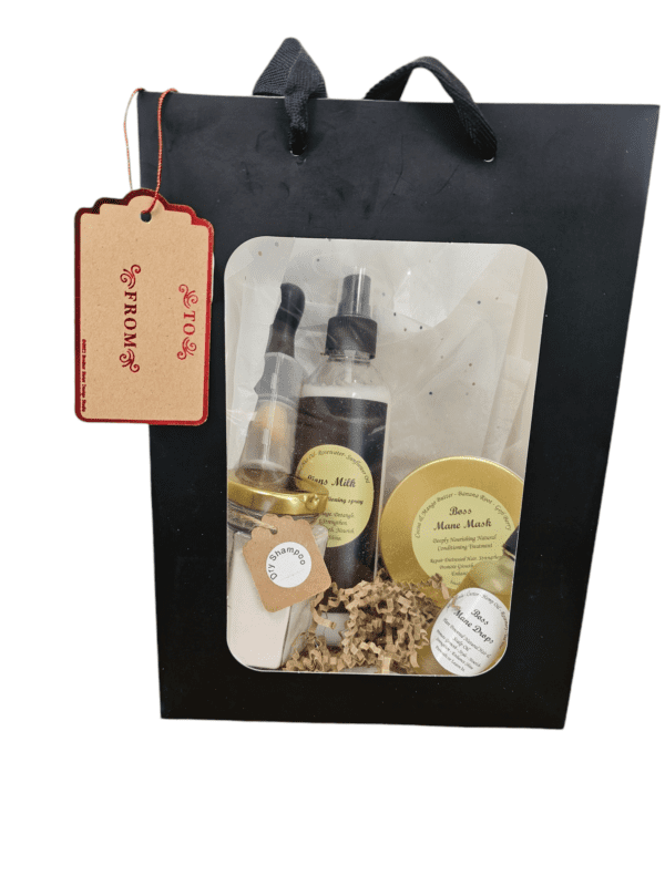 Hair care gift set in black bag.