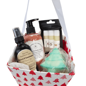 Christmas gift basket with bath products.