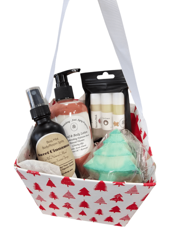 Christmas gift basket with bath products.